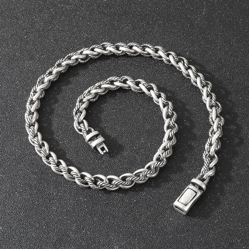 Men's geometric titanium steel necklace with hemp flower chain in antique silver colour