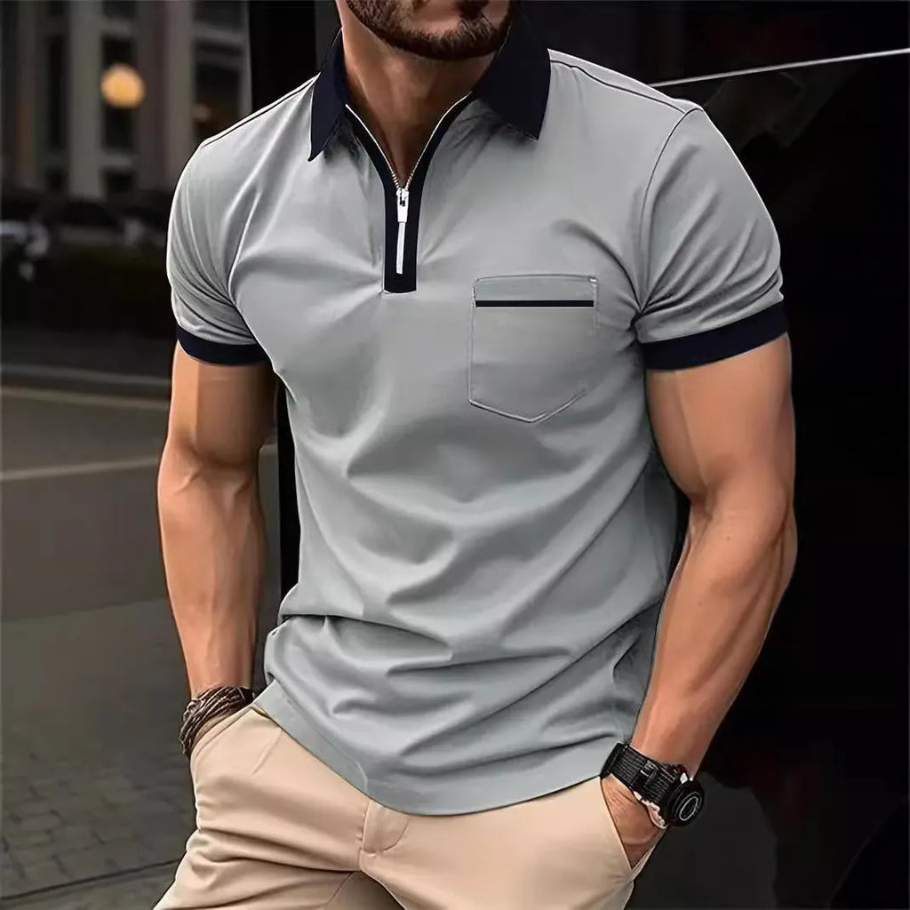 Men's loose-fit casual short-sleeve shirt with a chest pocket and zipper detail on the front.