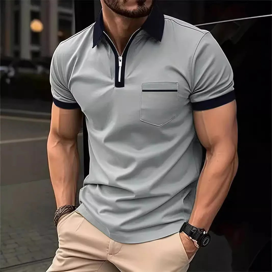 Men's loose-fit casual short-sleeve shirt with a chest pocket and zipper detail on the front.