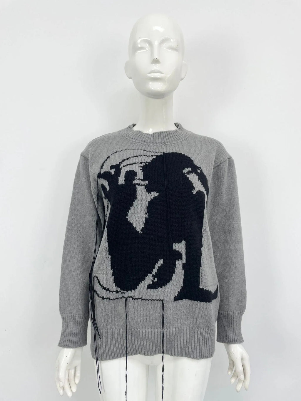 Women's grey Alpaca wool sweater with tassel detailing and abstract pattern in loose street fashion style