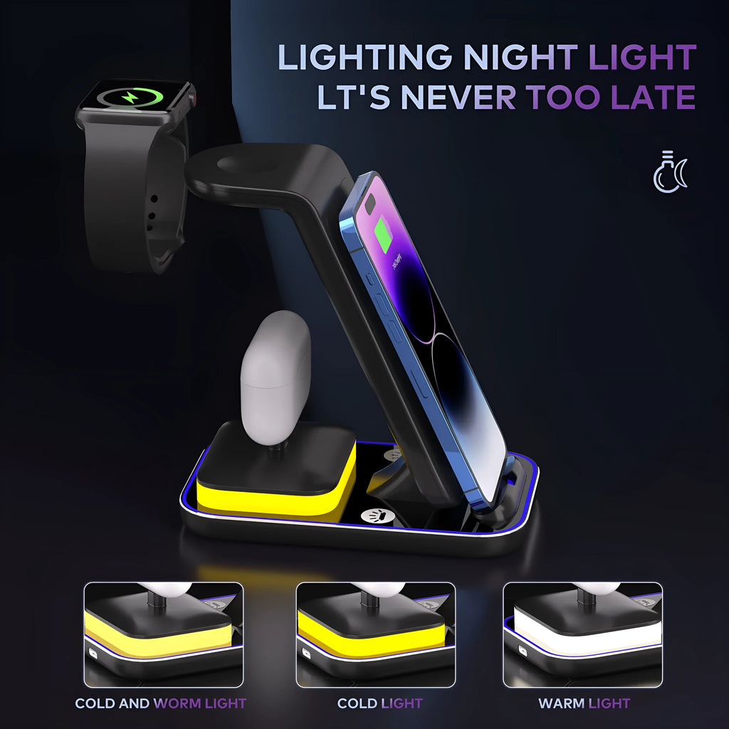 Black vertical wireless charging station with phone, smartwatch, and headphones charging simultaneously.