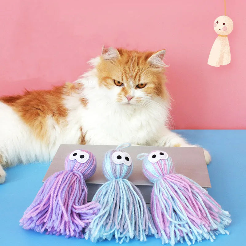 Hanging wool ball cat toy with teaser stick accessory in blue gray, pink blue, or pink purple colours