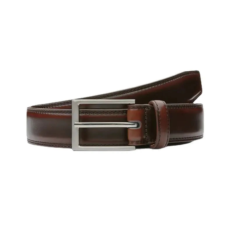Men's brown genuine leather casual belt with an alloy buckle on a plain background.