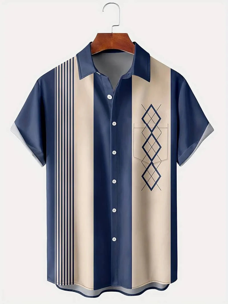 Men's loose fit plaid shirt with lapel cardigan style in contrast colours with short sleeves