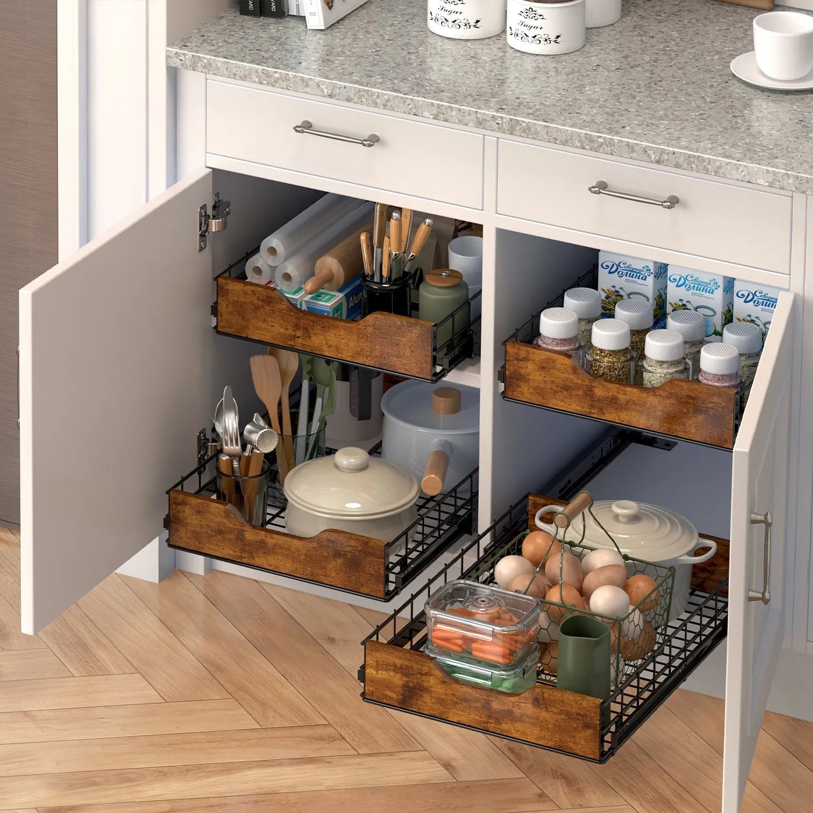 Black simple modern pull basket storage rack made from wood and iron