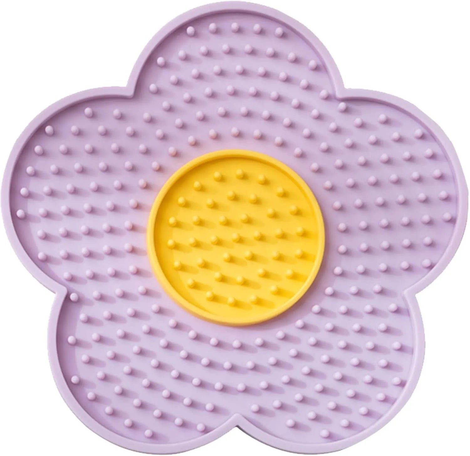 Flower-shaped silicone pet lick mat with suction cups in a choice of colours.