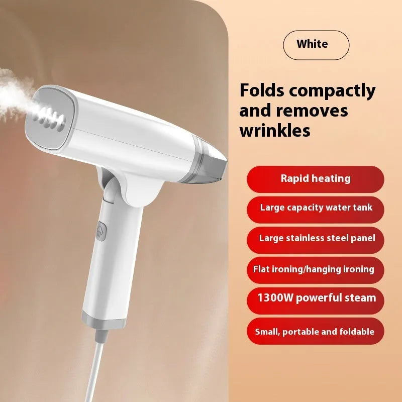 Handheld garment steamer in blue or white with compact design and mechanical controls