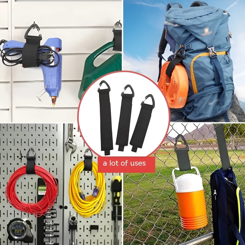 Black heavy-duty adjustable storage strap with metal carabiner clip for garage workshop organisation.