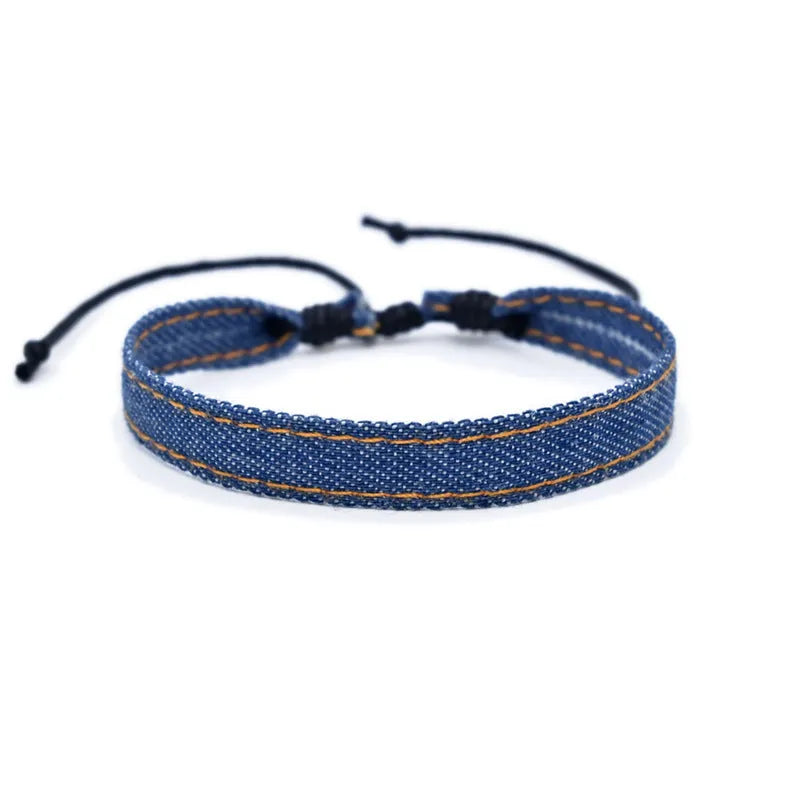 Adjustable denim fabric bracelet in various YYR colours with mixed material construction