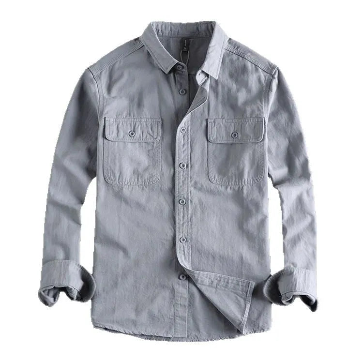 Men's loose long sleeve polyester shirt in cardigan style on a hanger, shown in light grey colour
