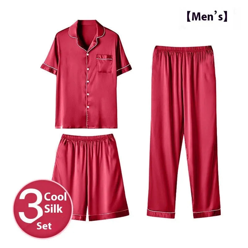 Men's ice silk three-piece homewear set showing long trousers, shorts, and top in thin lightweight fabric