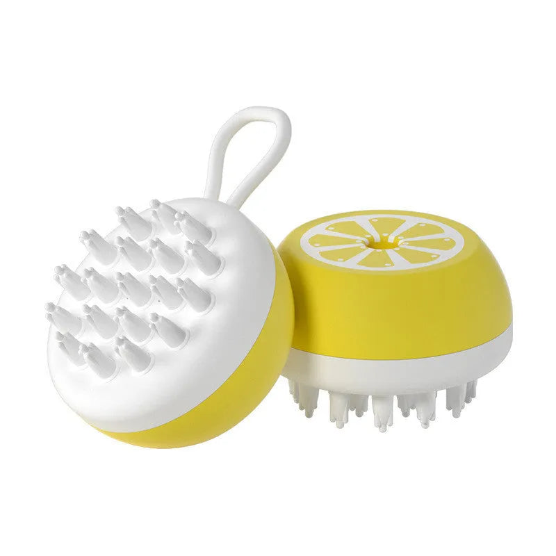 Yellow silicone pet grooming brush with massage comb design for dog and cat bath time