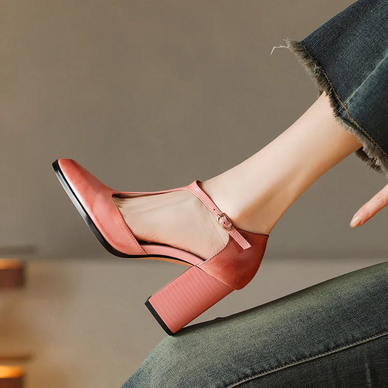Women's dark brown retro pointed-toe Mary Jane shoes with a buckle fastening on the vamp.
