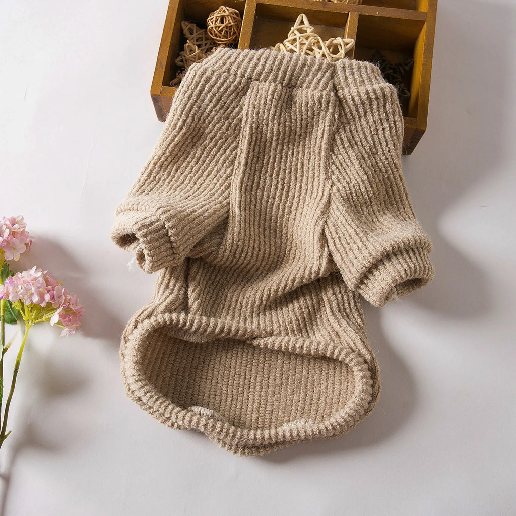 Brown cloth sweater for small dog on hanger with size tags XS S M L XL
