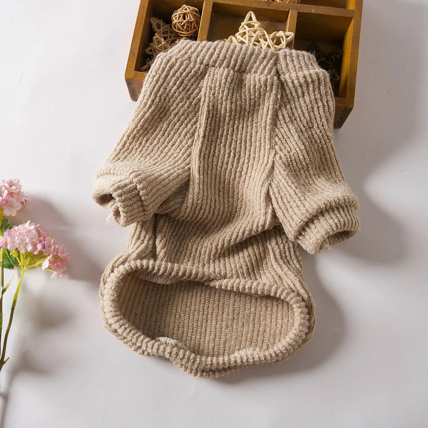 Brown cloth sweater for small dog on hanger with size tags XS S M L XL