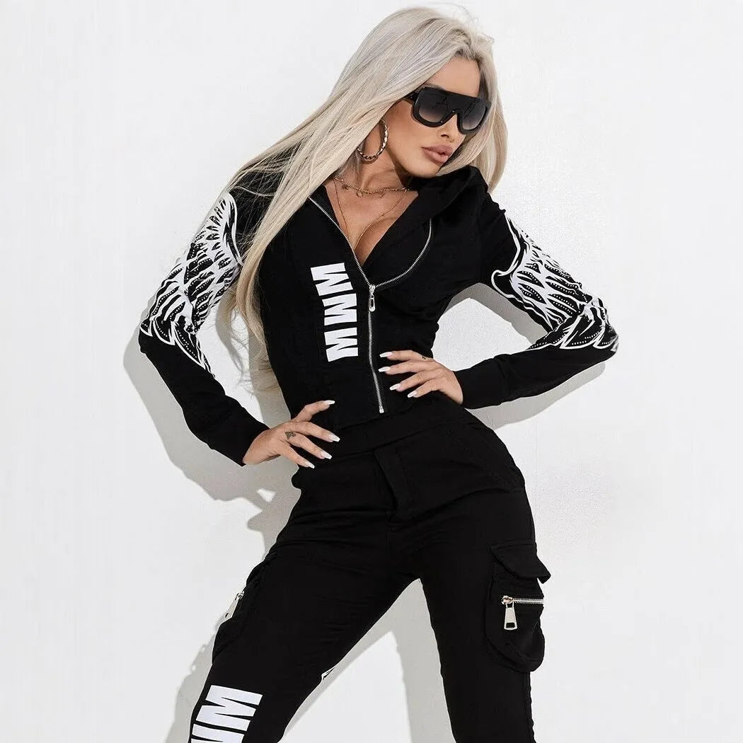 Black women's casual suit with wings print, featuring a hooded zip-up top and trousers.