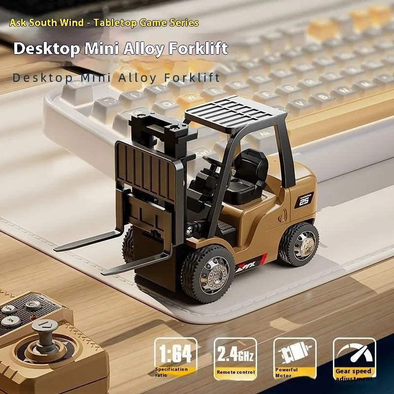 Bluetooth mini alloy forklift remote control toy with cargo hook and fork attachments on pallet