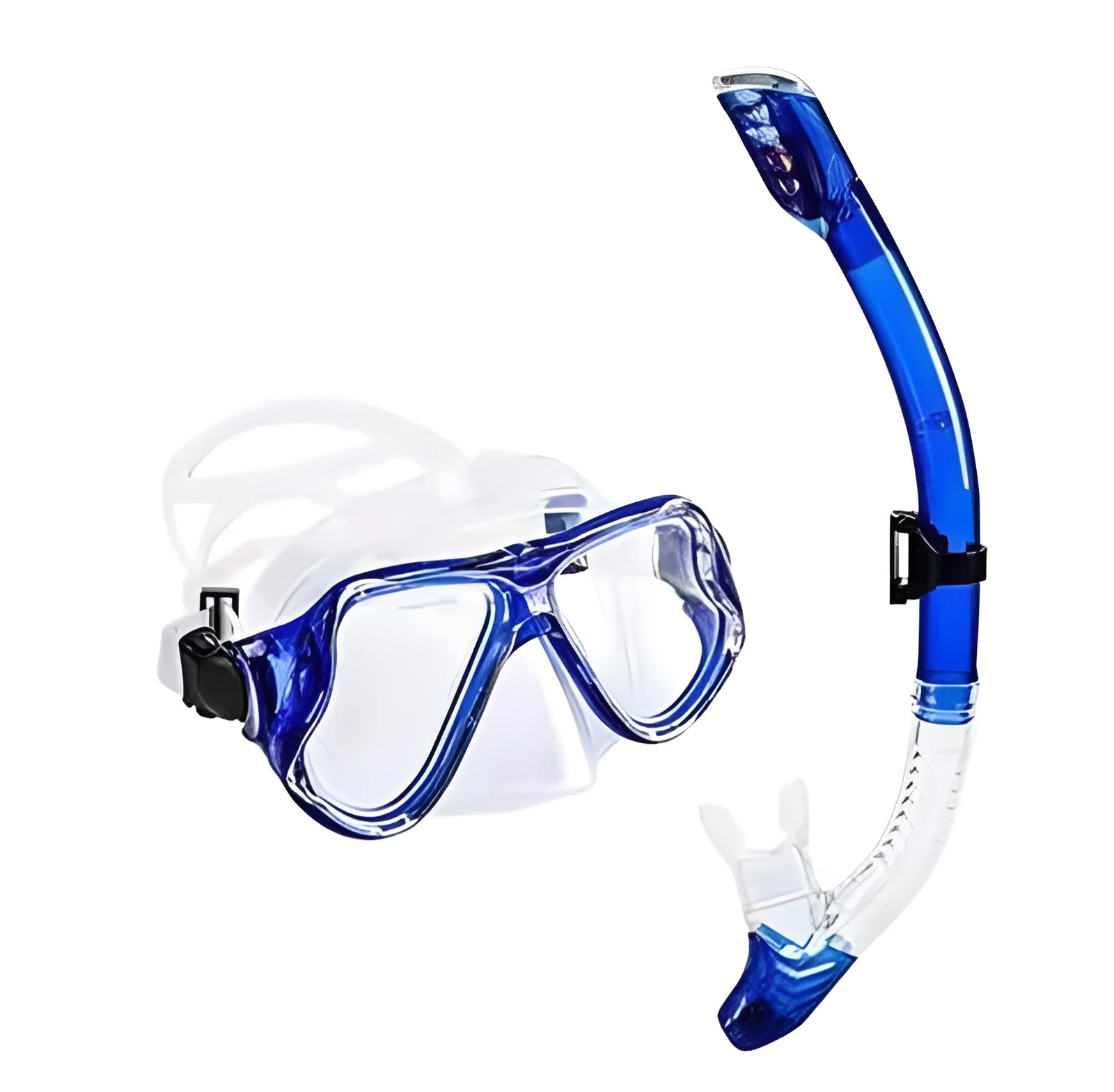 Black PC frame diving goggles with anti-fog glass lens, silicone strap, and mouthpiece.