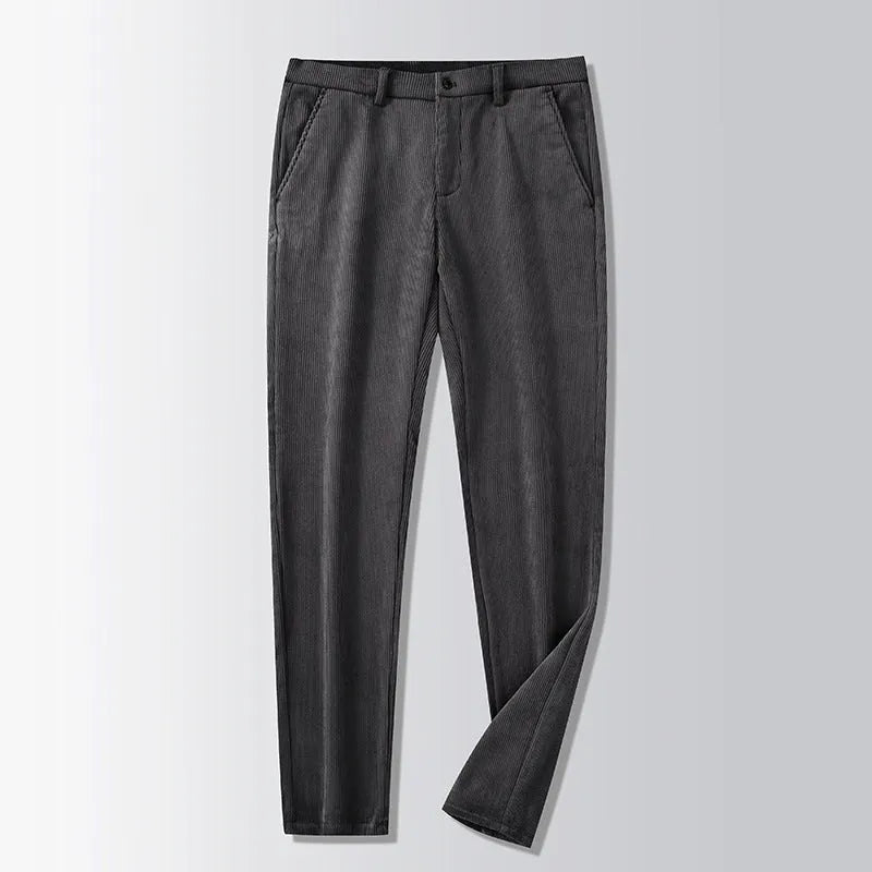 Retro striped straight-leg trousers in khaki colour with zip-fly closure