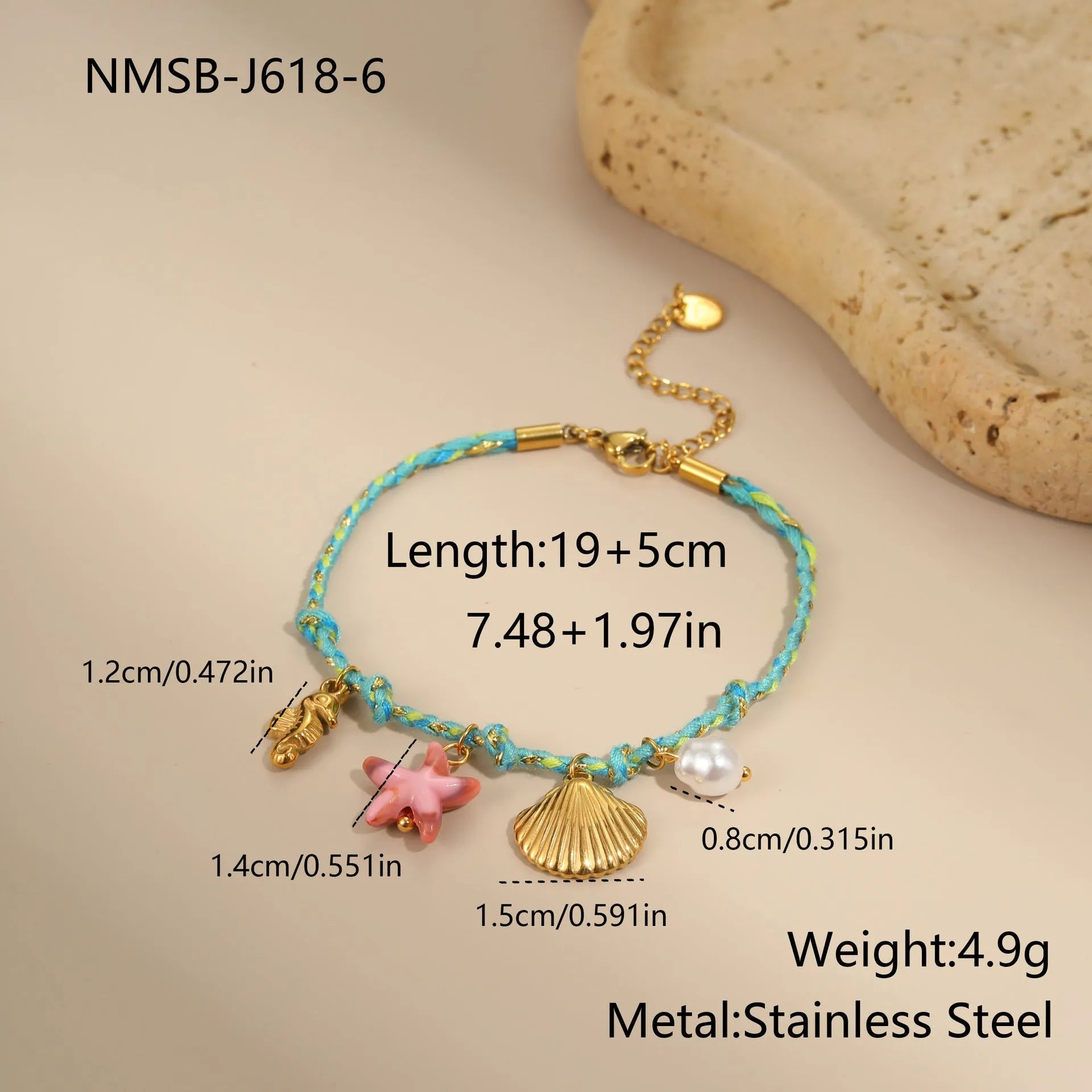 Handmade braided rope necklace and bracelet set with heart pendant in stainless steel