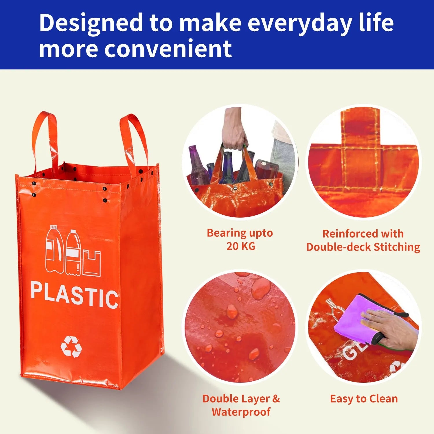 Blue reusable waterproof 40-litre PP plastic storage bag for recycling and waste sorting.
