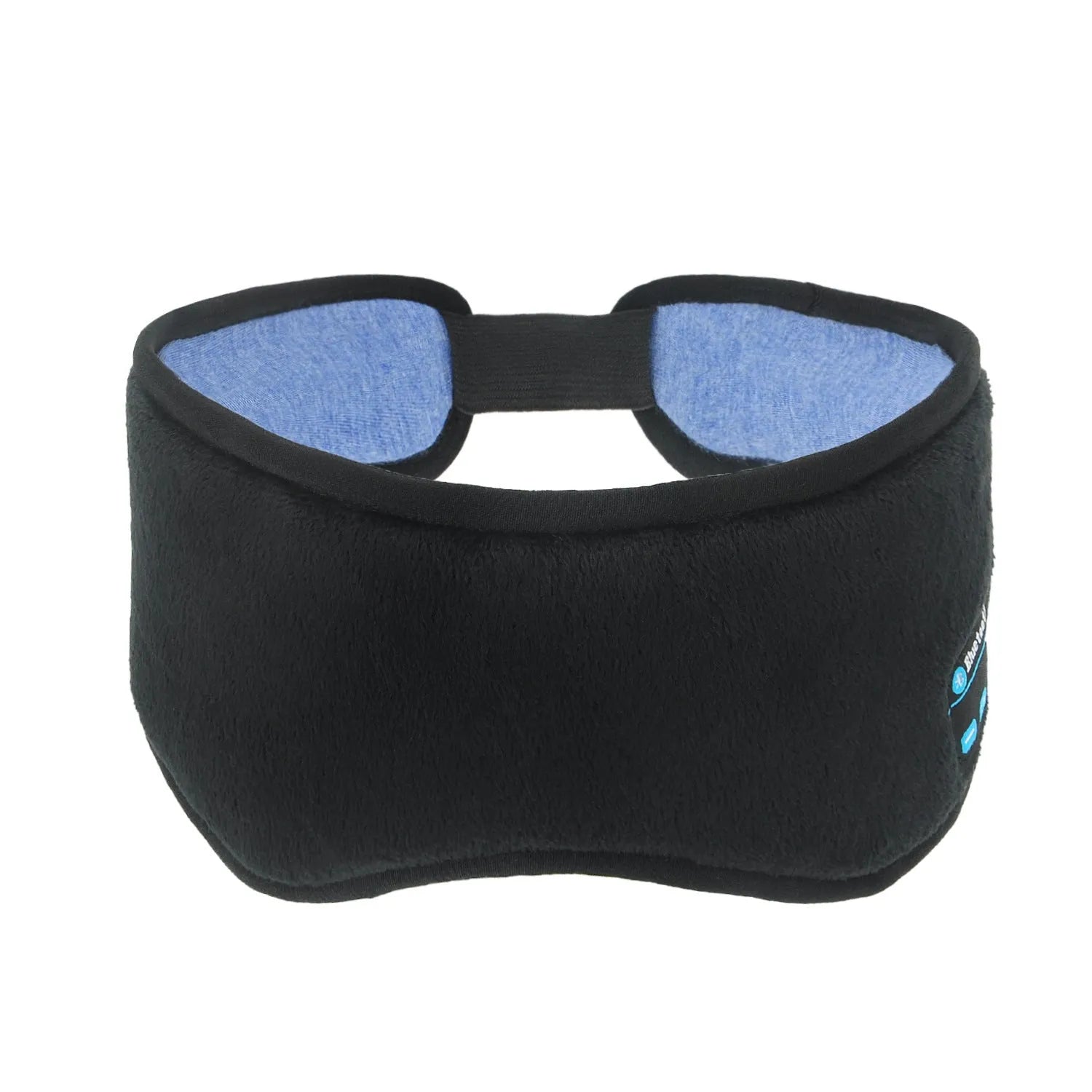 Black Bluetooth sleep eye mask with integrated small earphones showing head-mounted design