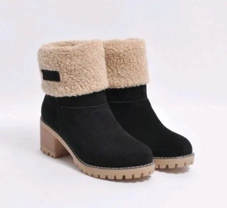 Women's thick suede mid-calf snow boots with a round toe, flat low heel, and waterproof platform sole.