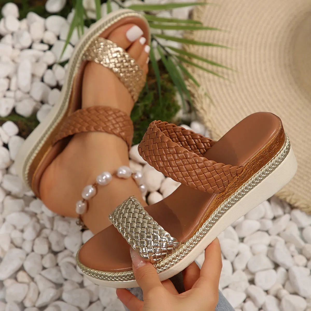 Gold and silver plus size wedge sandals for women with rubber soles in sizes 36-43