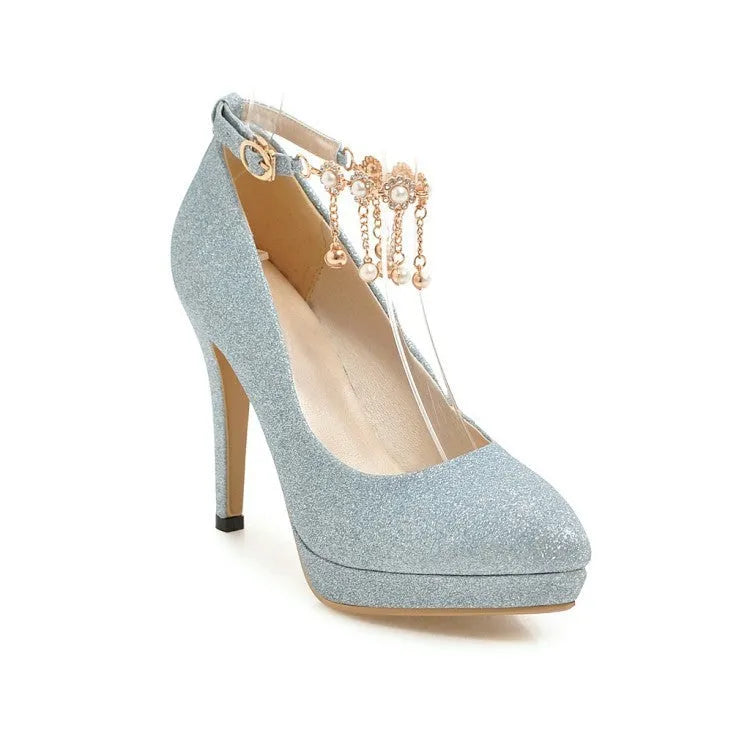 Women's blue platform high heels with stiletto heel and pointed toe on a plain background.