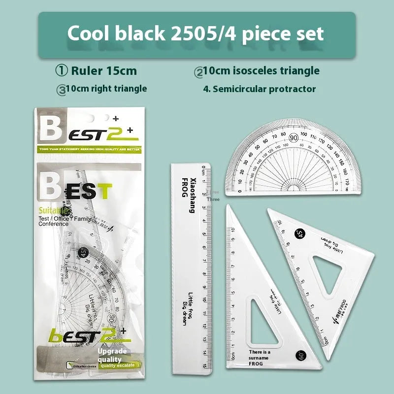 Transparent acrylic drawing ruler set with protractor for technical drafting and geometry