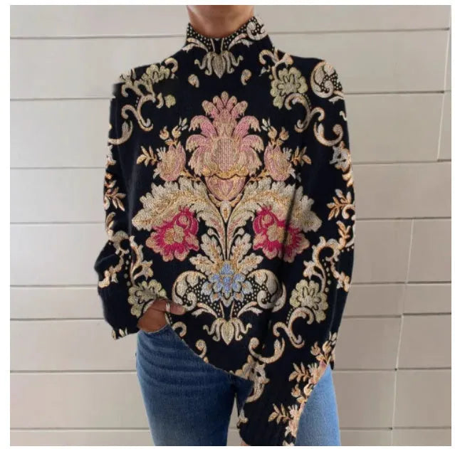 Women's black turtleneck sweater with 3D pattern print, loose fit casual style