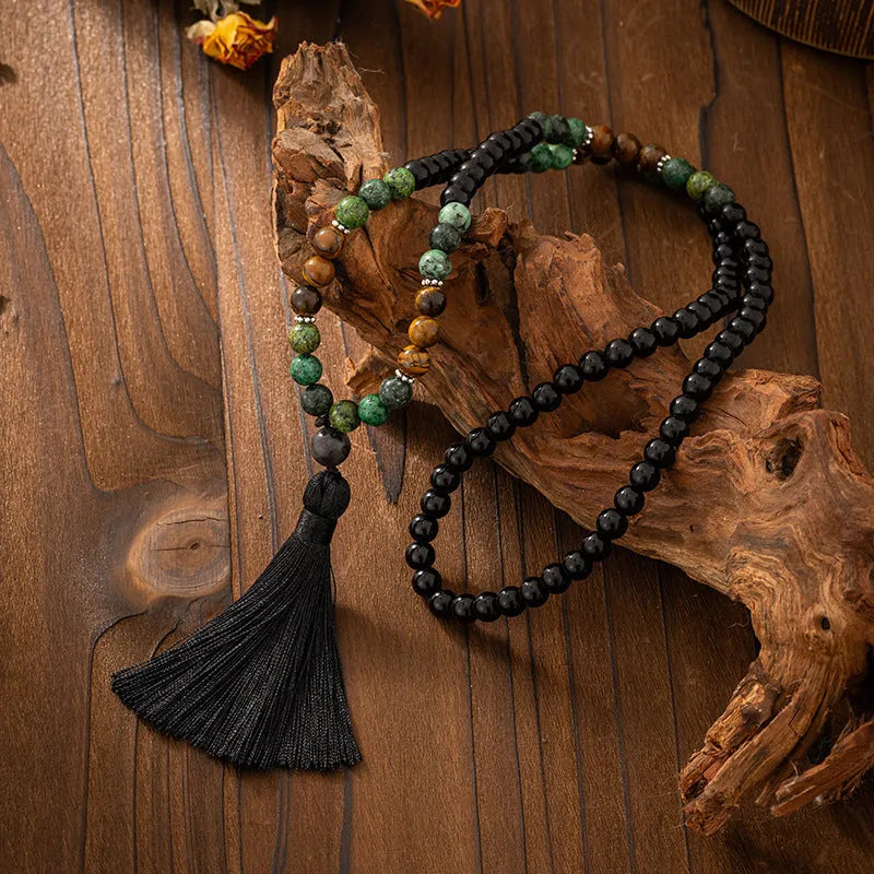 Vintage tassel bohemian style natural stone beaded long sweater chain necklace with geometric beads
