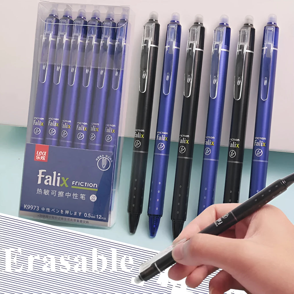 Hot erasable push gel pen with 0.5mm stainless steel nib and plastic shell in blue or black ink