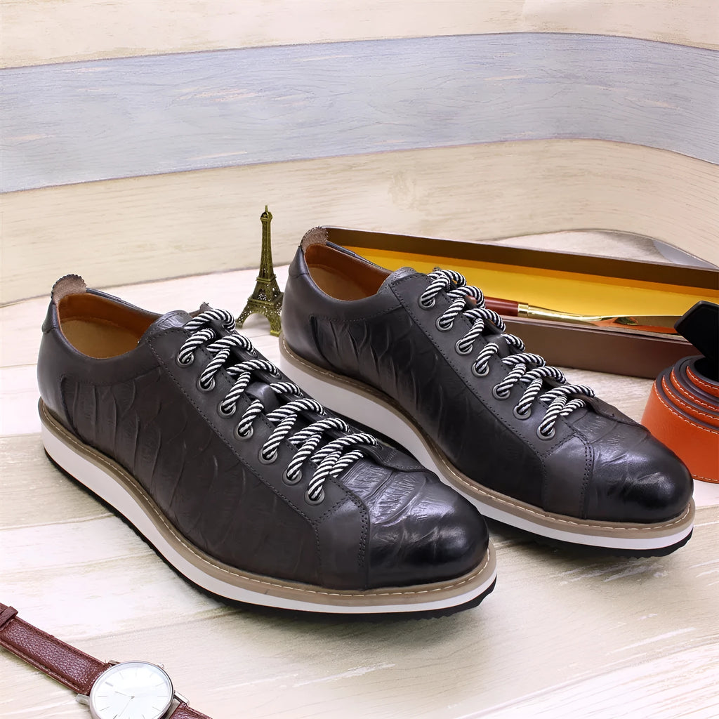 Men's low-top lace-up leather shoes with embossed pattern in black, green, white, and grey colour options