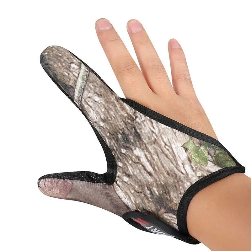 Two finger fishing glove for lure fishing with microfiber palm and diving cloth back in camouflage colour