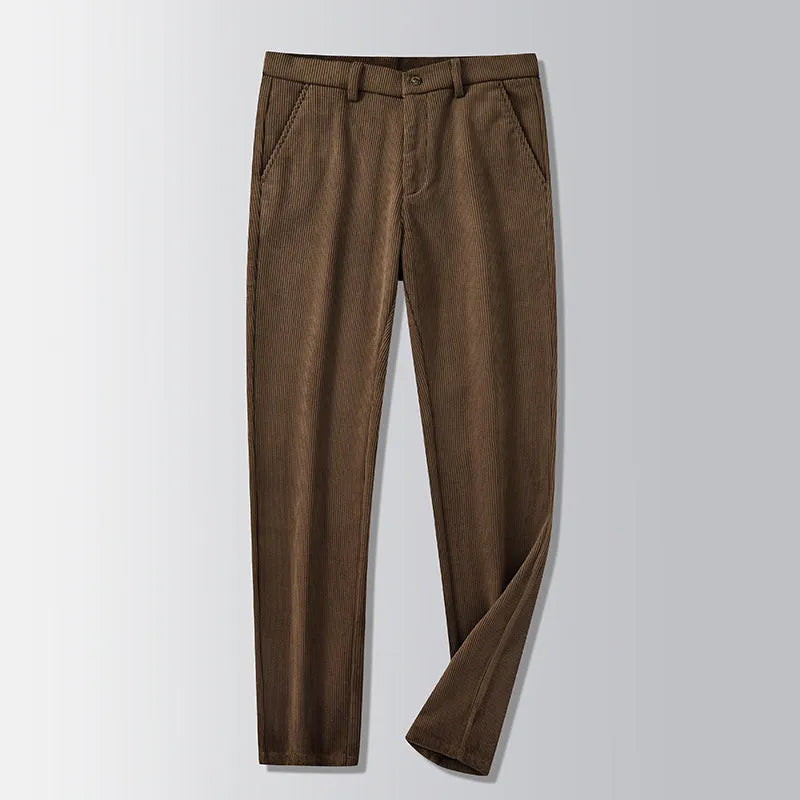 Retro striped straight-leg trousers in khaki colour with zip-fly closure