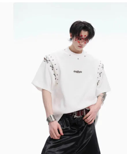 Deconstruction lace-up cutout short sleeve t-shirt in Black or White cotton-polyester blend