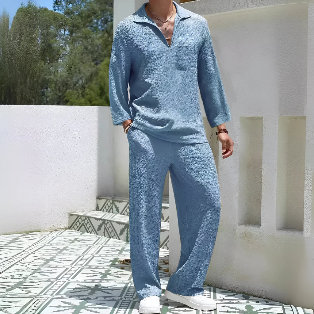 Men's casual polyester shirt and trousers suit set in lake blue colour.