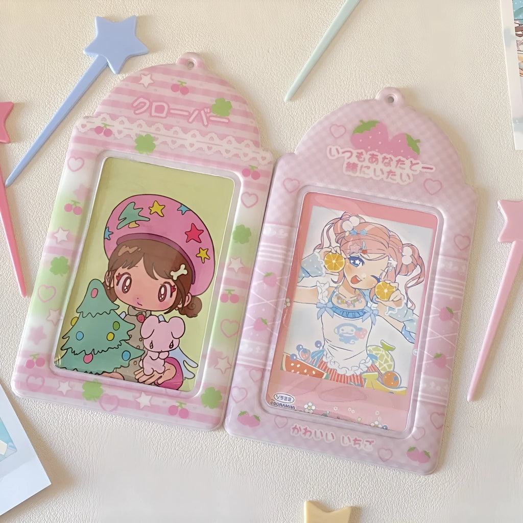 Cartoon plaid strawberry design PVC card holder pendant for lanyards, measuring 7.6 by 13.6 centimetres.