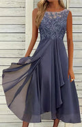 Women's sleeveless green chiffon dress with lace hollow-out detailing and mid-length princess skirt
