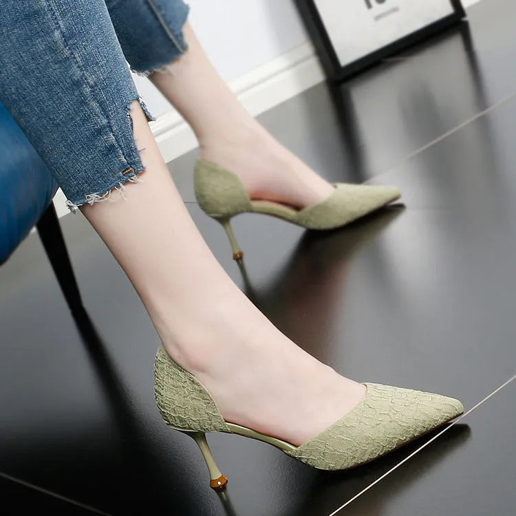 Women's black pointed stiletto high heels with 6-8cm heel and PU leather upper