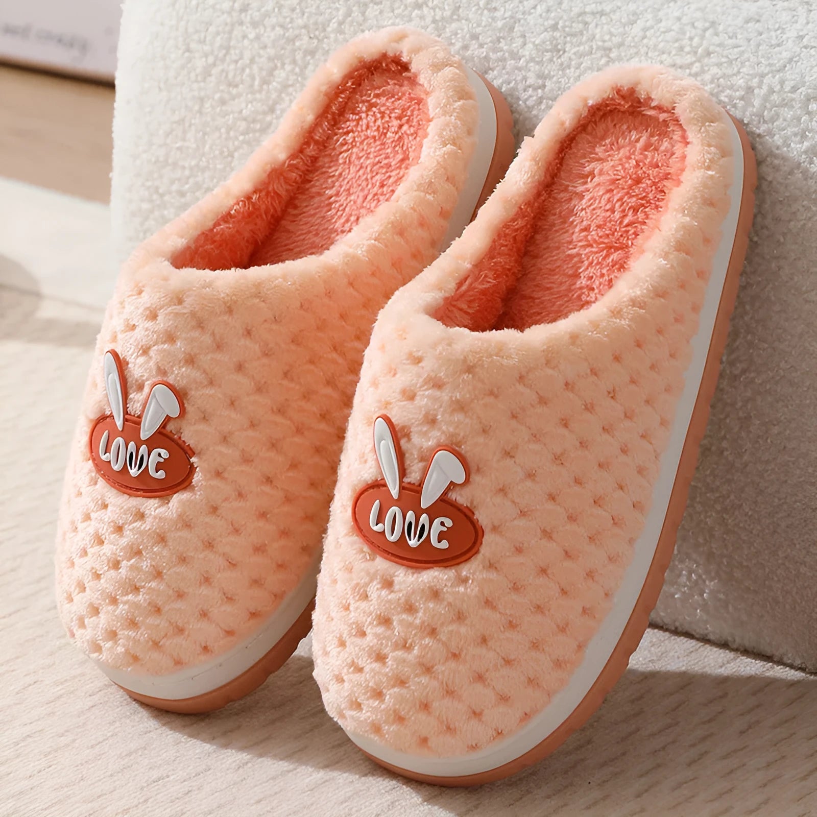 Women's rabbit plaid artificial fur house slippers with a thick rubber sole in five colour options.