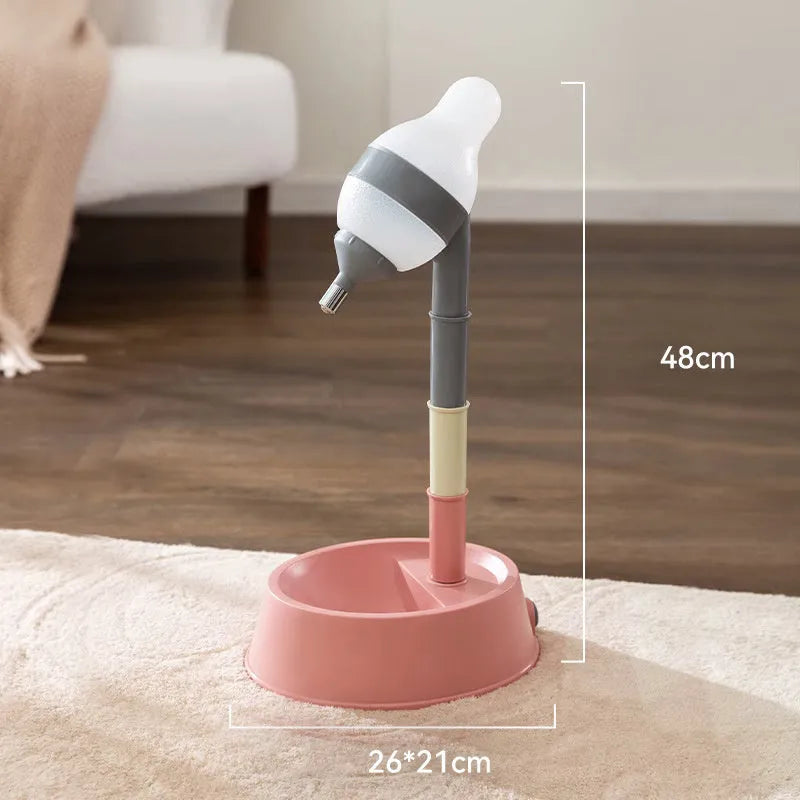 Green adjustable height pet water dispenser with detachable pole and bowl on a floor.