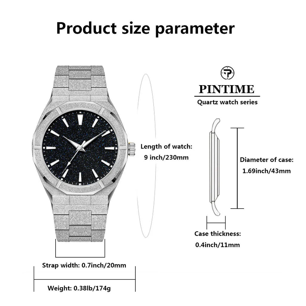 Men's frosted stainless steel business watch with luminous markers in silver colour