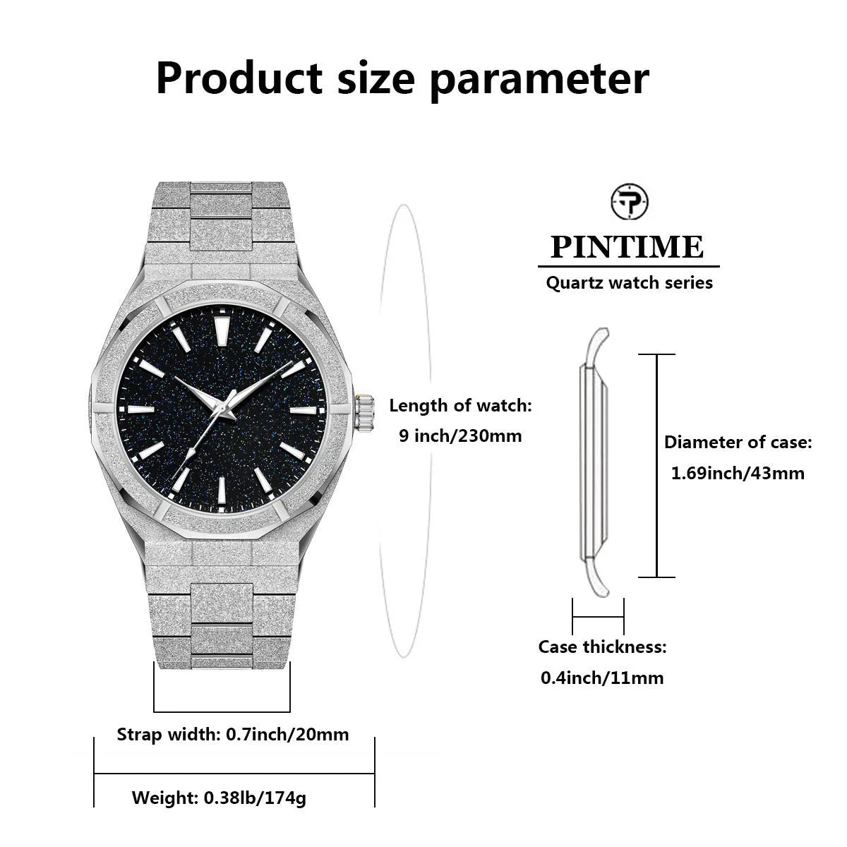 Men's frosted stainless steel business watch with luminous markers in silver colour