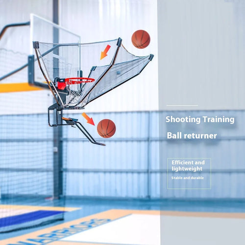 Automatic basketball training rebounder with cowhide and iron construction on a hoop.