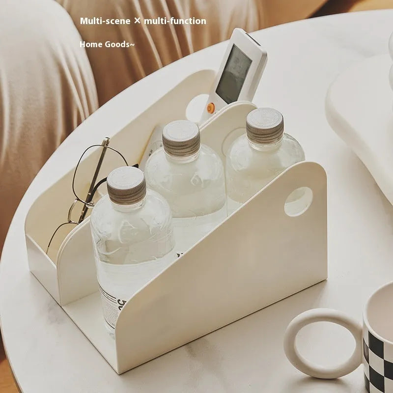 Plastic desktop storage box organiser with two grid compartments in ivory white colour