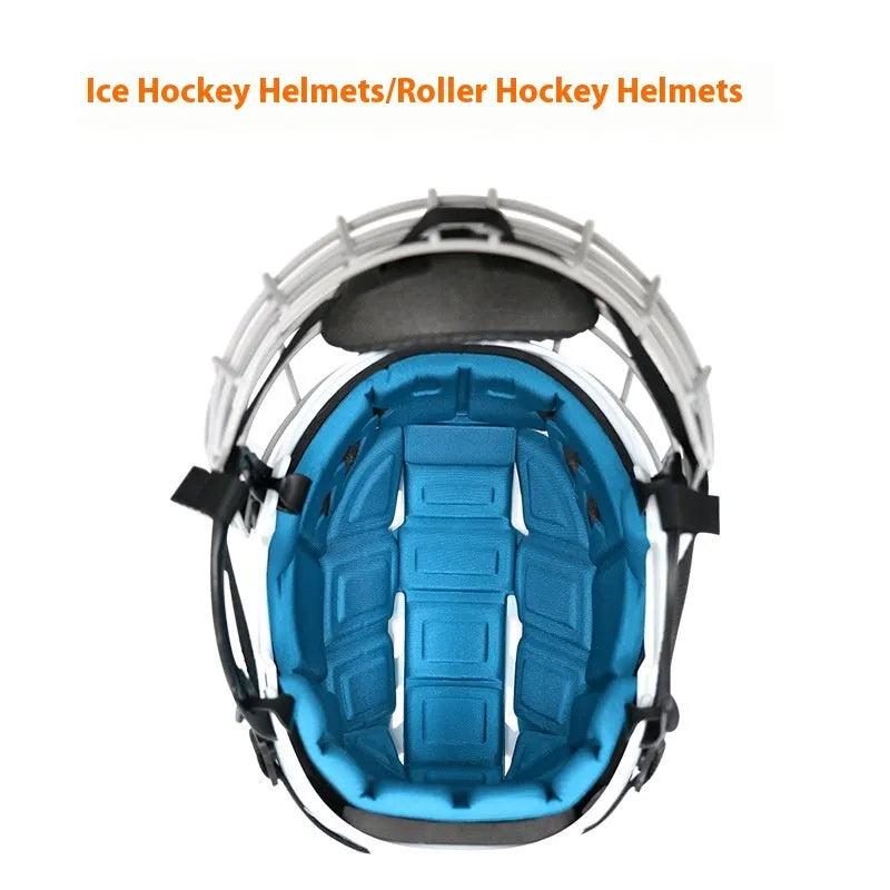 Ice hockey helmet with a carbon steel face mask, showing a black polypropylene shell and cushioned interior.