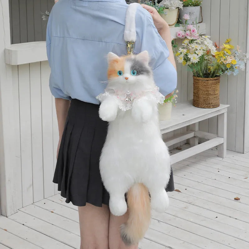Simulation cat backpack in three-flower cat colour with plaid scarf design for youth