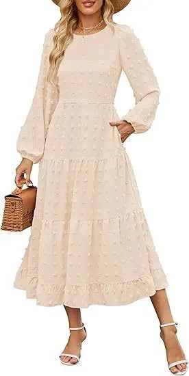 Women's long sleeve autumn dress with high waist and ruffle sleeves in solid colour